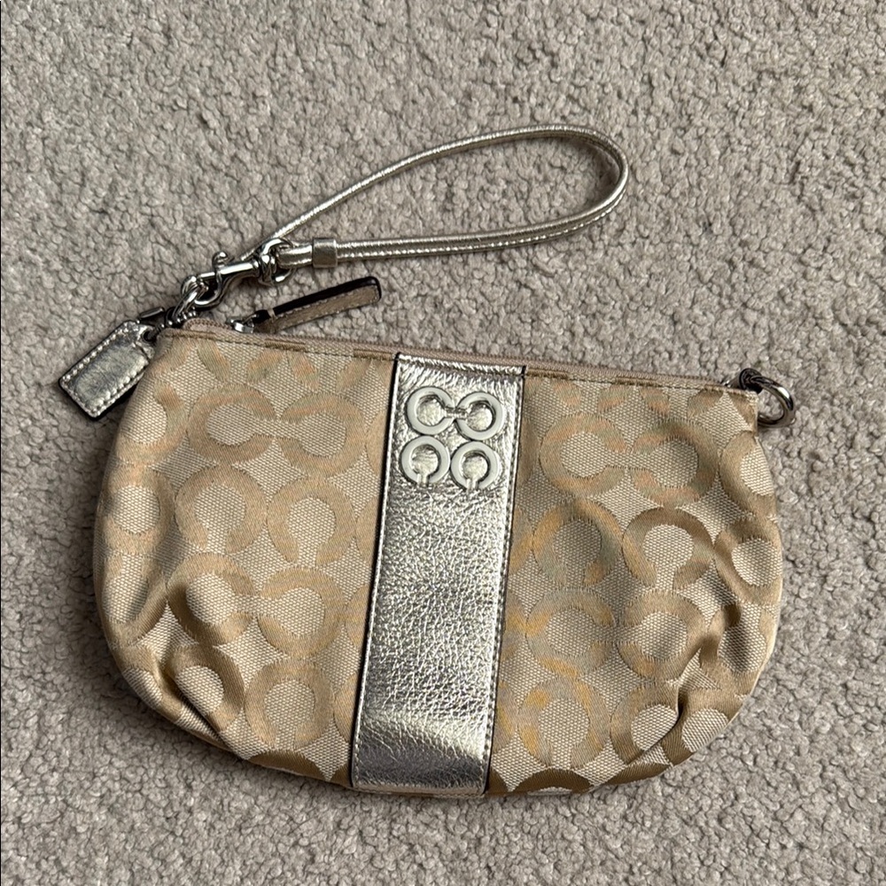 Coach Silver and light khaki wristlet with Signature Design